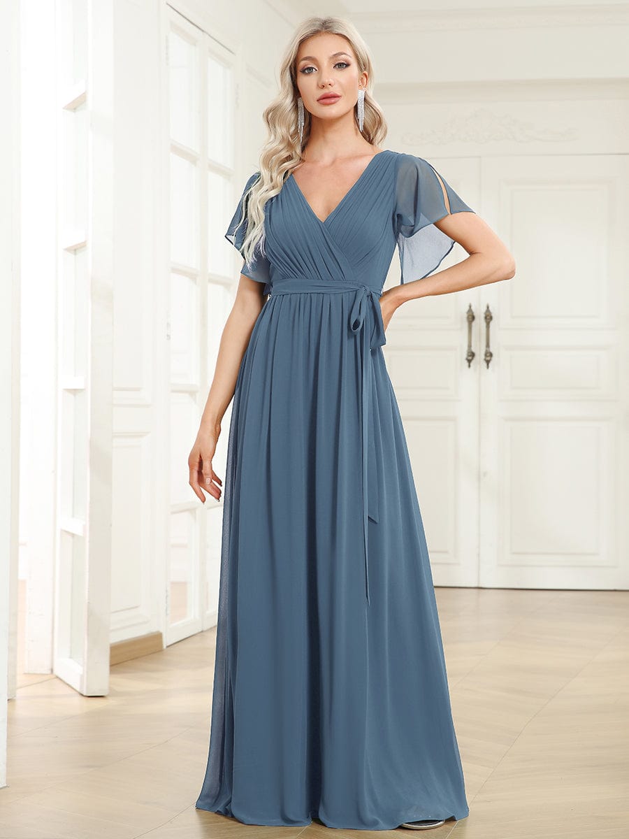 Custom Size V-Neck Flutter Sleeve Floor-Length A-Line Chiffon Evening Dress #color_Dusty Blue