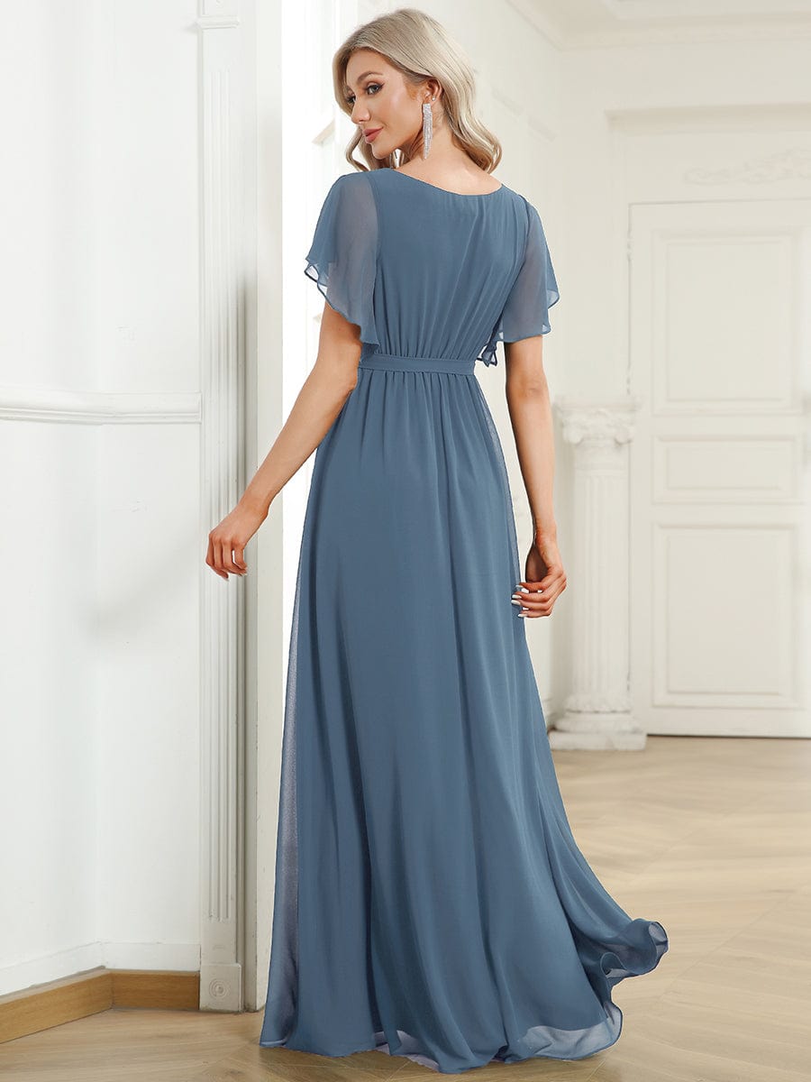 Custom Size V-Neck Flutter Sleeve Floor-Length A-Line Chiffon Evening Dress #color_Dusty Blue