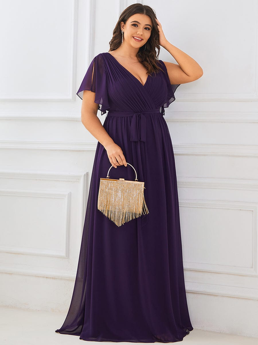 Custom Size V-Neck Flutter Sleeve Floor-Length A-Line Chiffon Evening Dress #color_Dark Purple