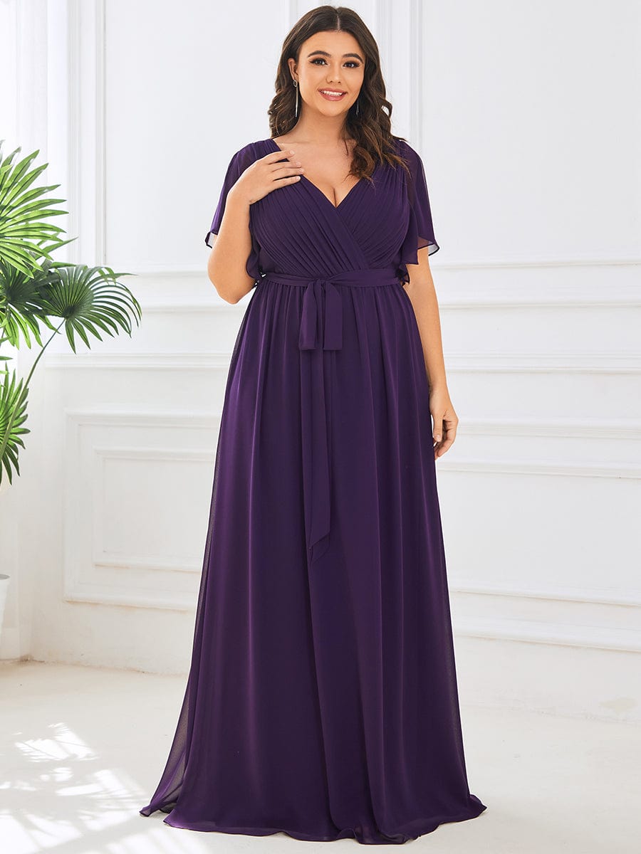 Plus Size Floor-Length Chiffon Evening Dress V-Neck Maxi #color_Dark Purple