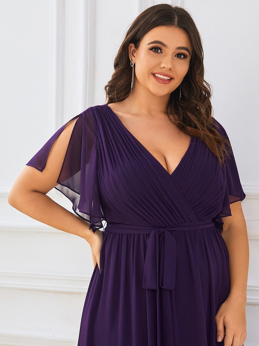 Plus Size Floor-Length Chiffon Evening Dress V-Neck Maxi #color_Dark Purple