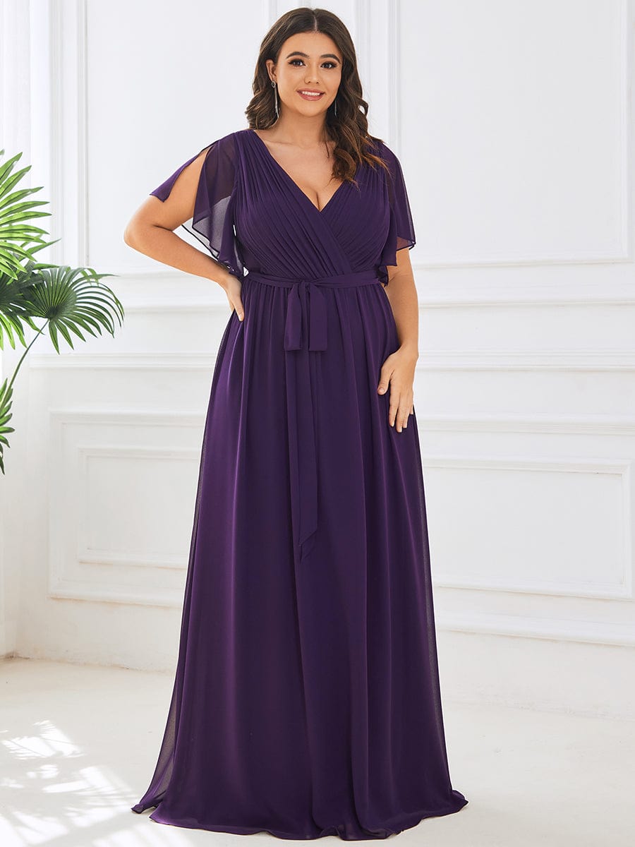 Custom Size V-Neck Flutter Sleeve Floor-Length A-Line Chiffon Evening Dress #color_Dark Purple