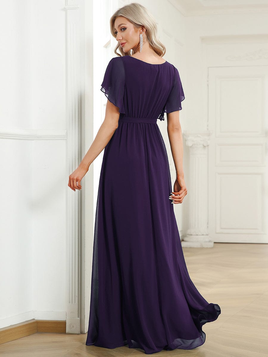 Custom Size V-Neck Flutter Sleeve Floor-Length A-Line Chiffon Evening Dress #color_Dark Purple