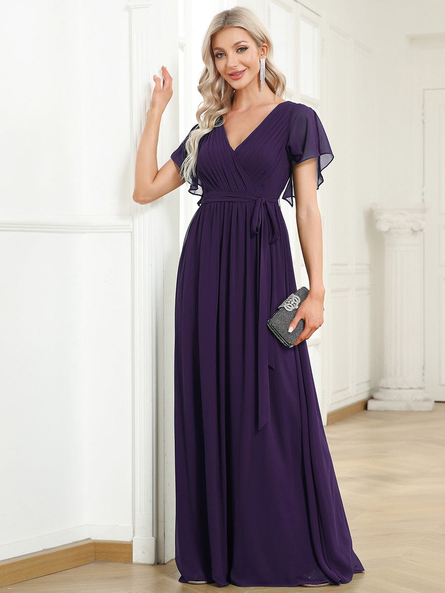 Custom Size V-Neck Flutter Sleeve Floor-Length A-Line Chiffon Evening Dress #color_Dark Purple