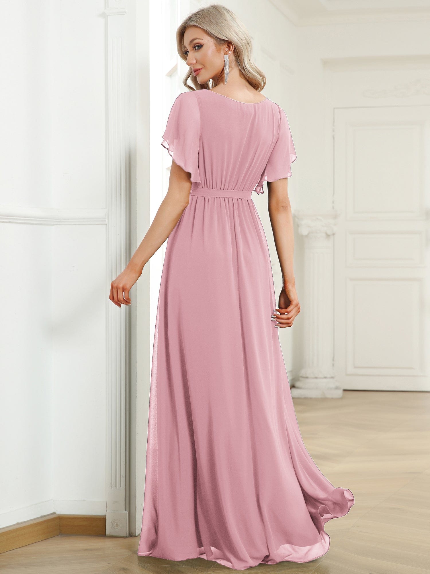 Custom Size V-Neck Flutter Sleeve Floor-Length A-Line Chiffon Evening Dress #color_Dusty Rose