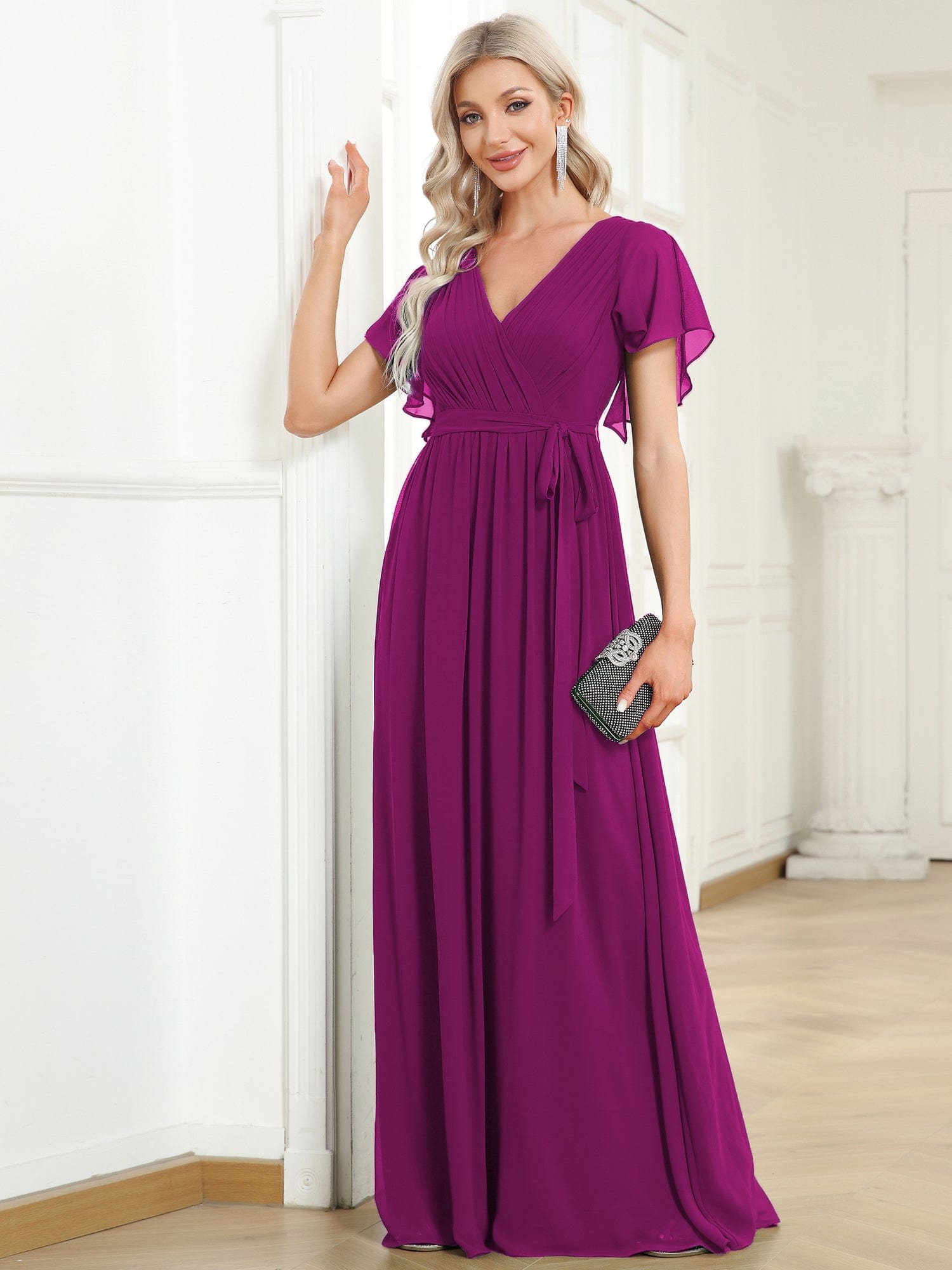 Custom Size V-Neck Flutter Sleeve Floor-Length A-Line Chiffon Evening Dress #color_Fuchsia