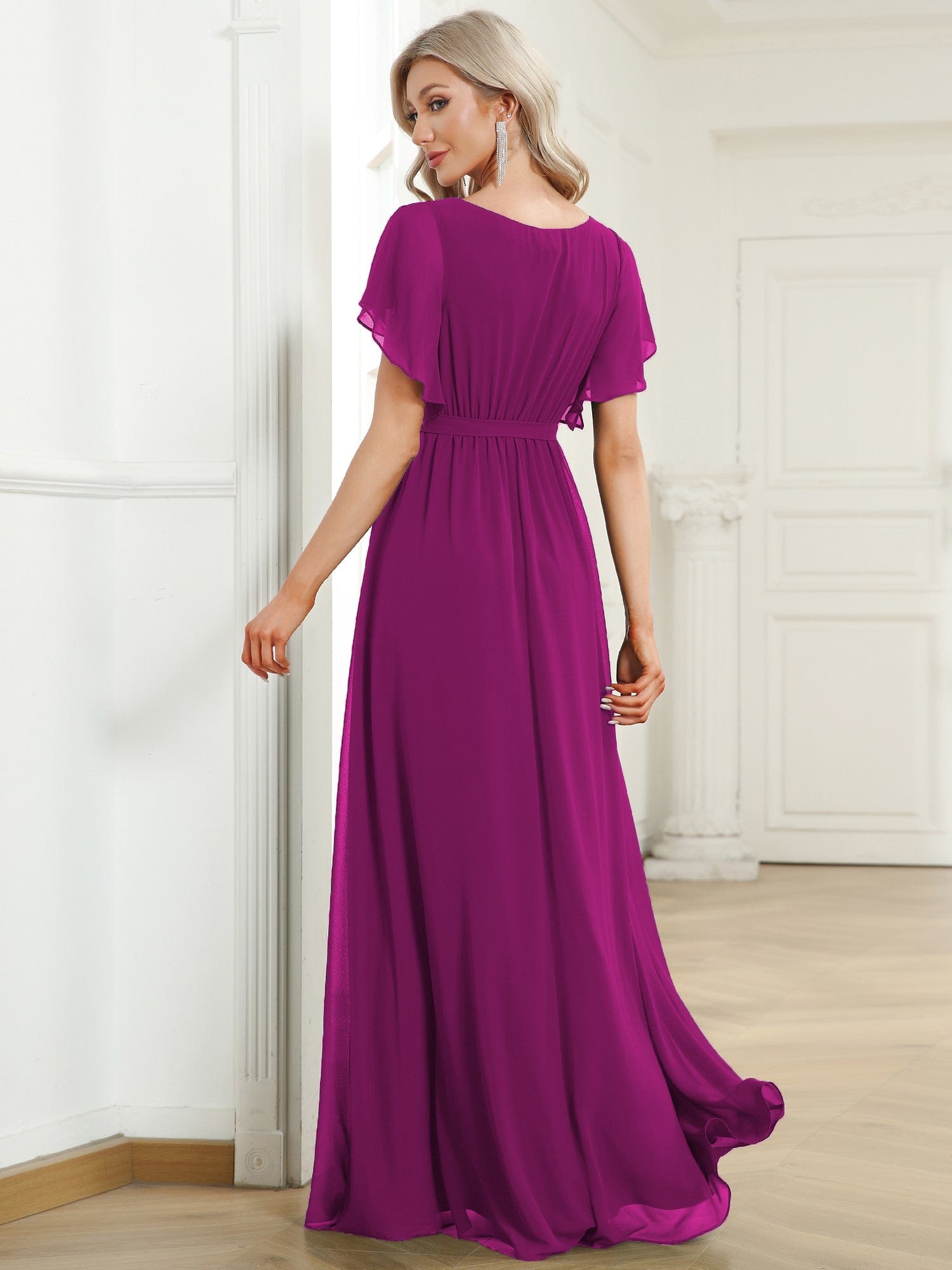 Custom Size V-Neck Flutter Sleeve Floor-Length A-Line Chiffon Evening Dress #color_Fuchsia