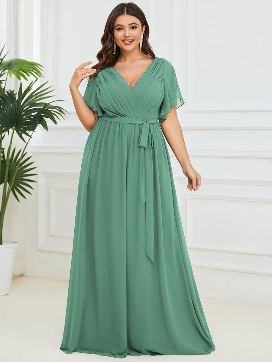 Custom Size V-Neck Flutter Sleeve Floor-Length A-Line Chiffon Evening Dress #color_Green Bean