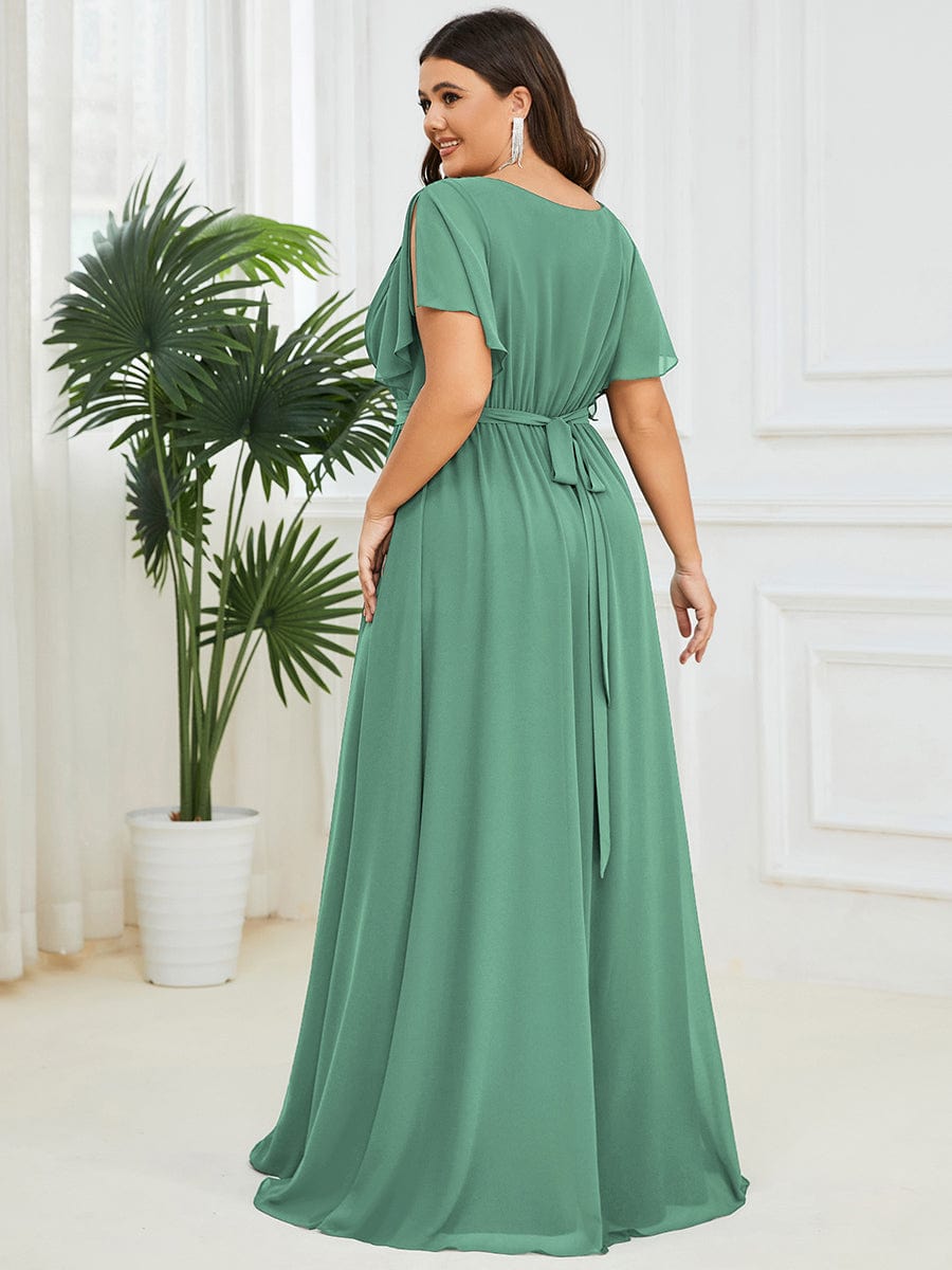 Custom Size V-Neck Flutter Sleeve Floor-Length A-Line Chiffon Evening Dress #color_Green Bean