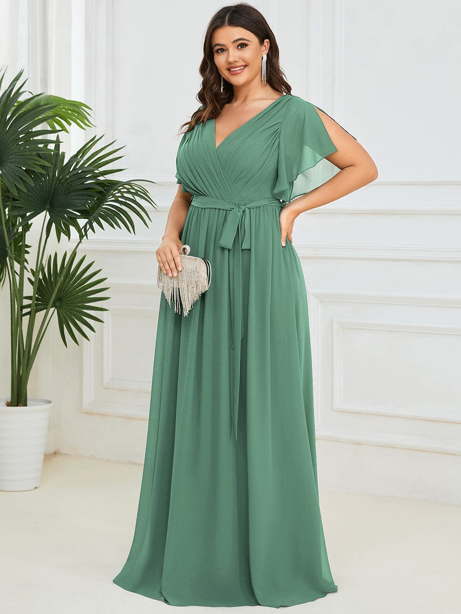 Custom Size V-Neck Flutter Sleeve Floor-Length A-Line Chiffon Evening Dress #color_Green Bean