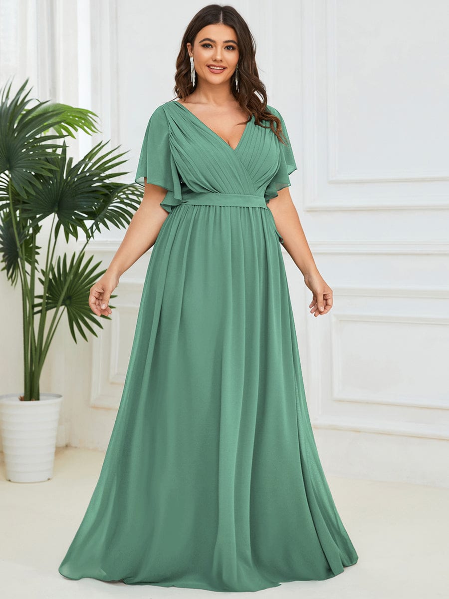 Custom Size V-Neck Flutter Sleeve Floor-Length A-Line Chiffon Evening Dress #color_Green Bean