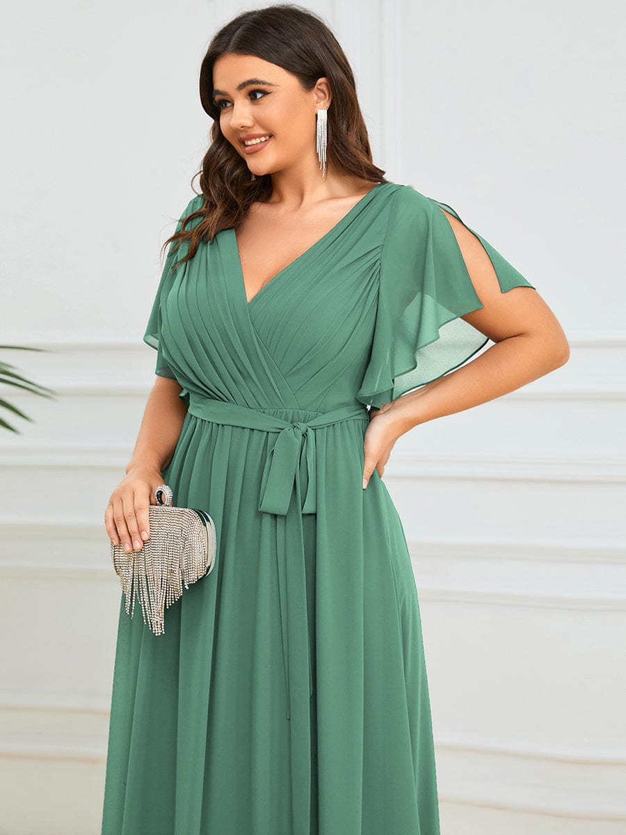 Custom Size V-Neck Flutter Sleeve Floor-Length A-Line Chiffon Evening Dress #color_Green Bean