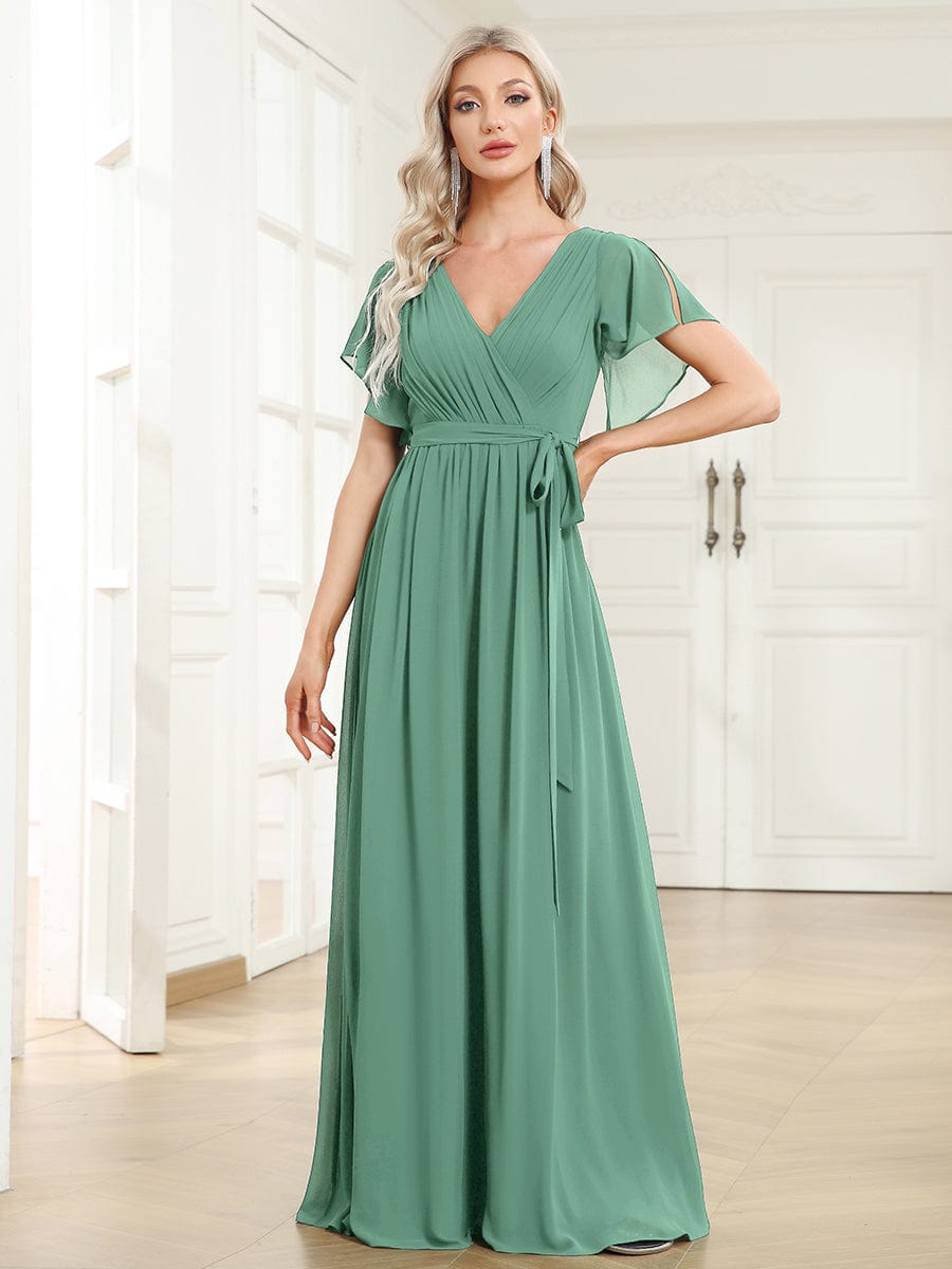 Custom Size V-Neck Flutter Sleeve Floor-Length A-Line Chiffon Evening Dress #color_Green Bean