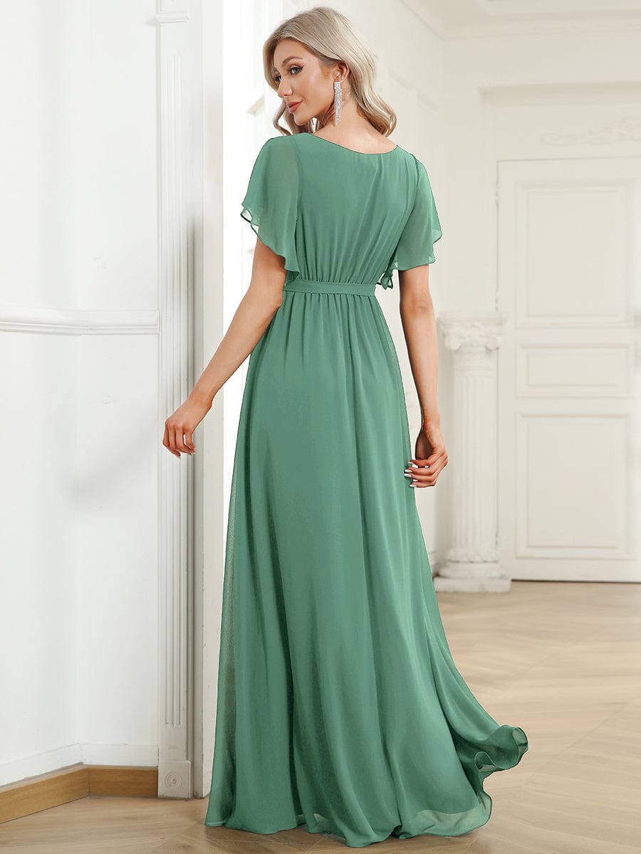 Custom Size V-Neck Flutter Sleeve Floor-Length A-Line Chiffon Evening Dress #color_Green Bean