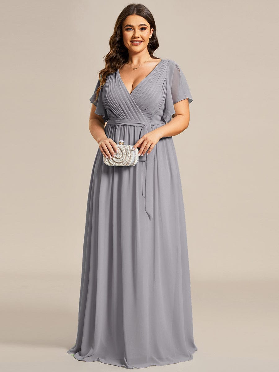 Custom Size V-Neck Flutter Sleeve Floor-Length A-Line Chiffon Evening Dress #color_Grey