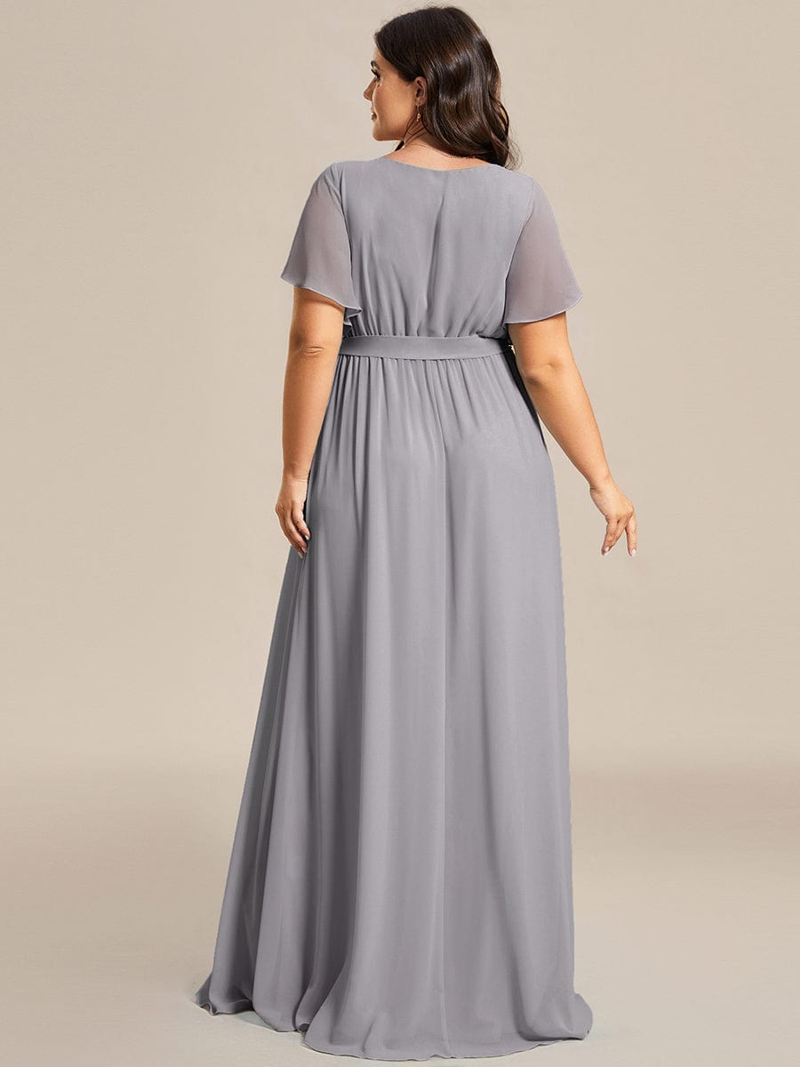 Custom Size V-Neck Flutter Sleeve Floor-Length A-Line Chiffon Evening Dress #color_Grey