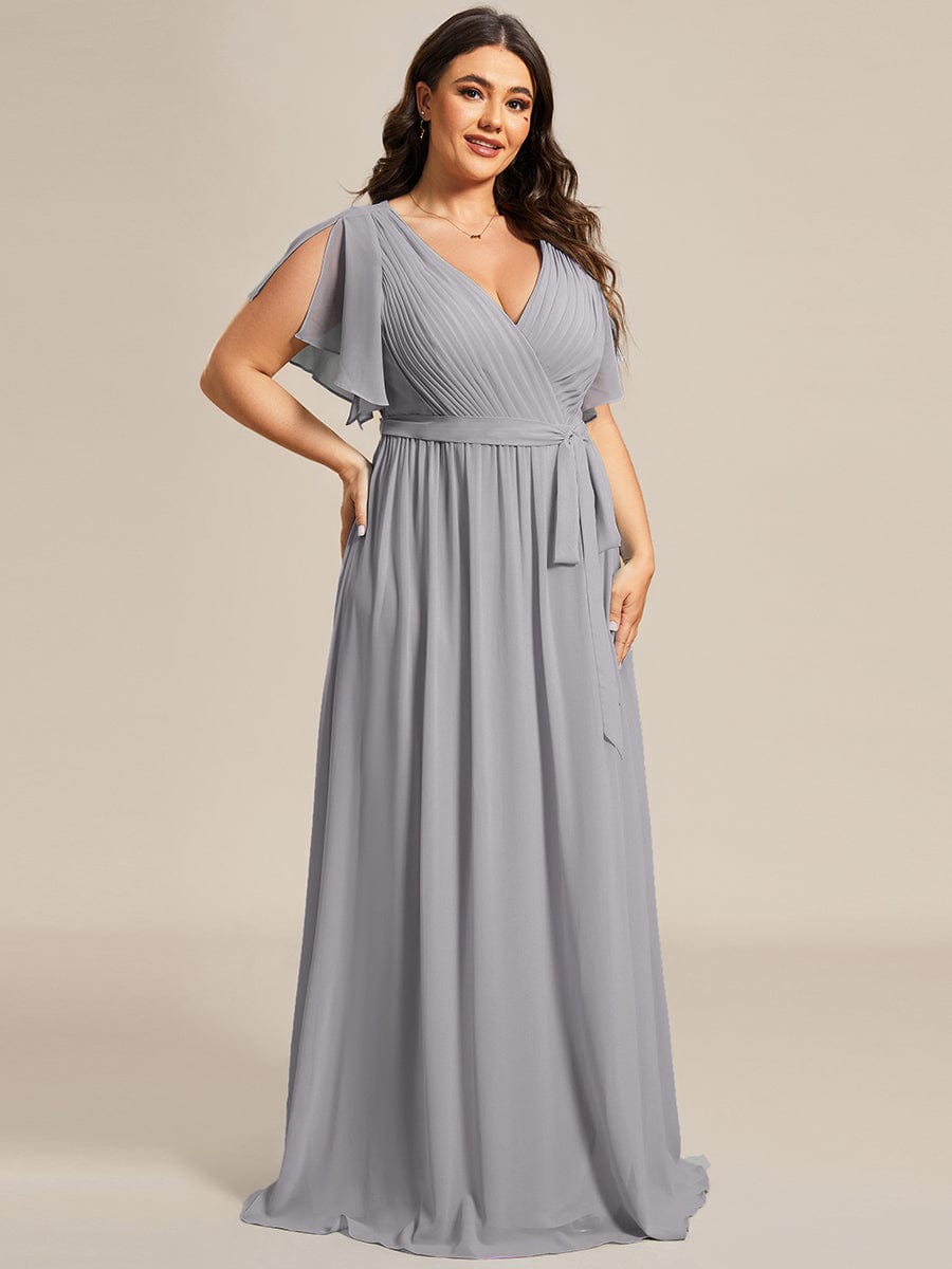 Custom Size V-Neck Flutter Sleeve Floor-Length A-Line Chiffon Evening Dress #color_Grey