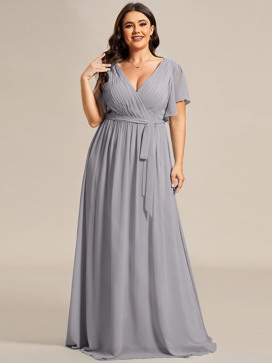 Custom Size V-Neck Flutter Sleeve Floor-Length A-Line Chiffon Evening Dress #color_Grey