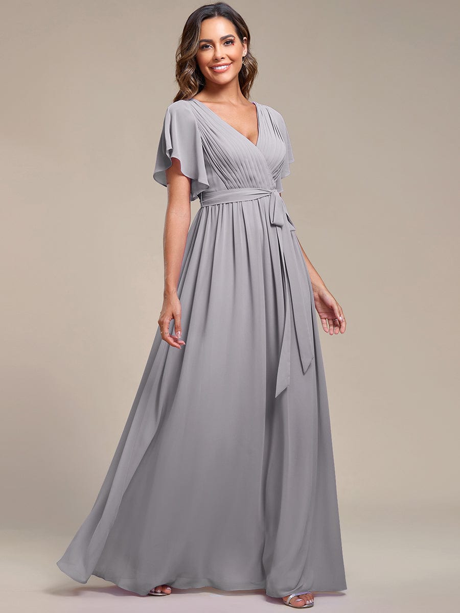 Custom Size V-Neck Flutter Sleeve Floor-Length A-Line Chiffon Evening Dress #color_Grey