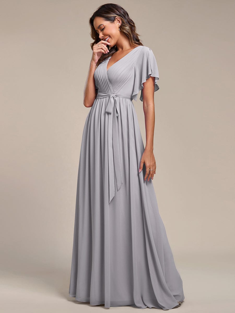 Custom Size V-Neck Flutter Sleeve Floor-Length A-Line Chiffon Evening Dress #color_Grey