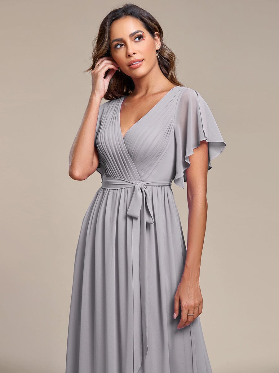 Custom Size V-Neck Flutter Sleeve Floor-Length A-Line Chiffon Evening Dress #color_Grey