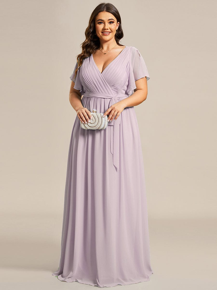 Custom Size V-Neck Flutter Sleeve Floor-Length A-Line Chiffon Evening Dress #color_Lilac