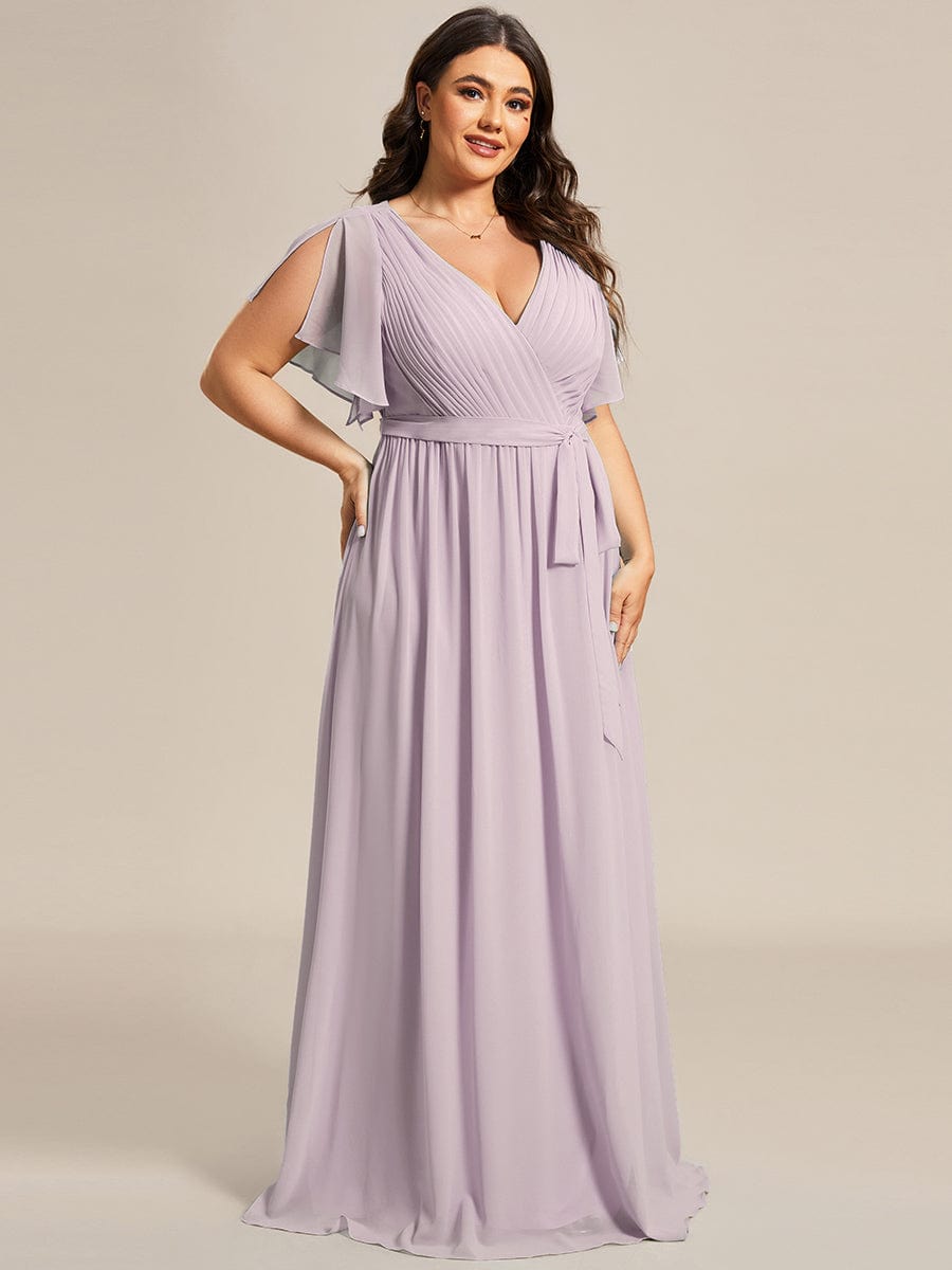 Custom Size V-Neck Flutter Sleeve Floor-Length A-Line Chiffon Evening Dress #color_Lilac