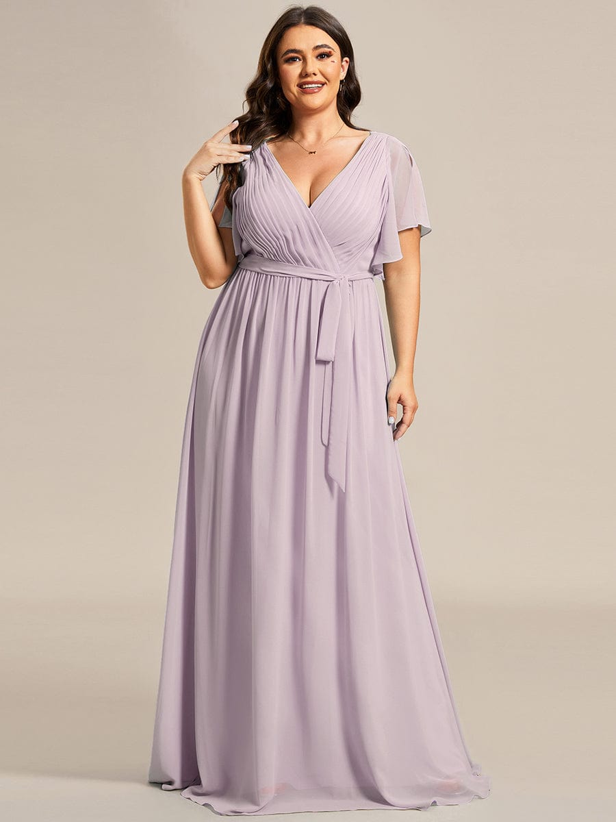 Custom Size V-Neck Flutter Sleeve Floor-Length A-Line Chiffon Evening Dress #color_Lilac