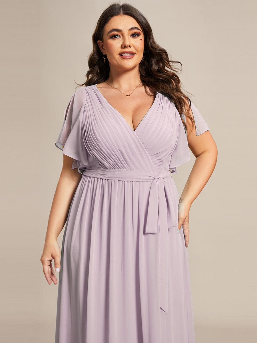 Custom Size V-Neck Flutter Sleeve Floor-Length A-Line Chiffon Evening Dress #color_Lilac