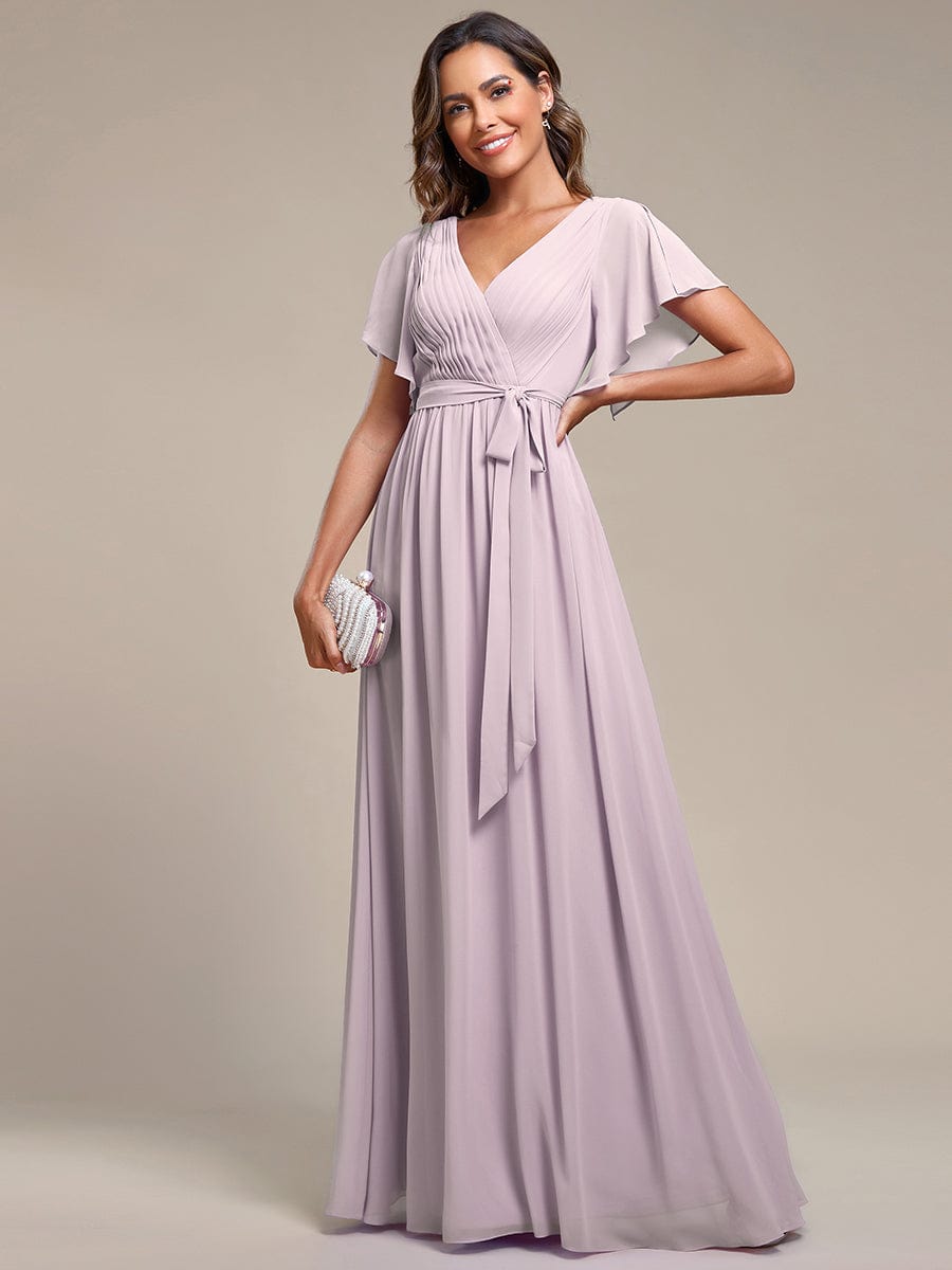 Custom Size V-Neck Flutter Sleeve Floor-Length A-Line Chiffon Evening Dress #color_Lilac