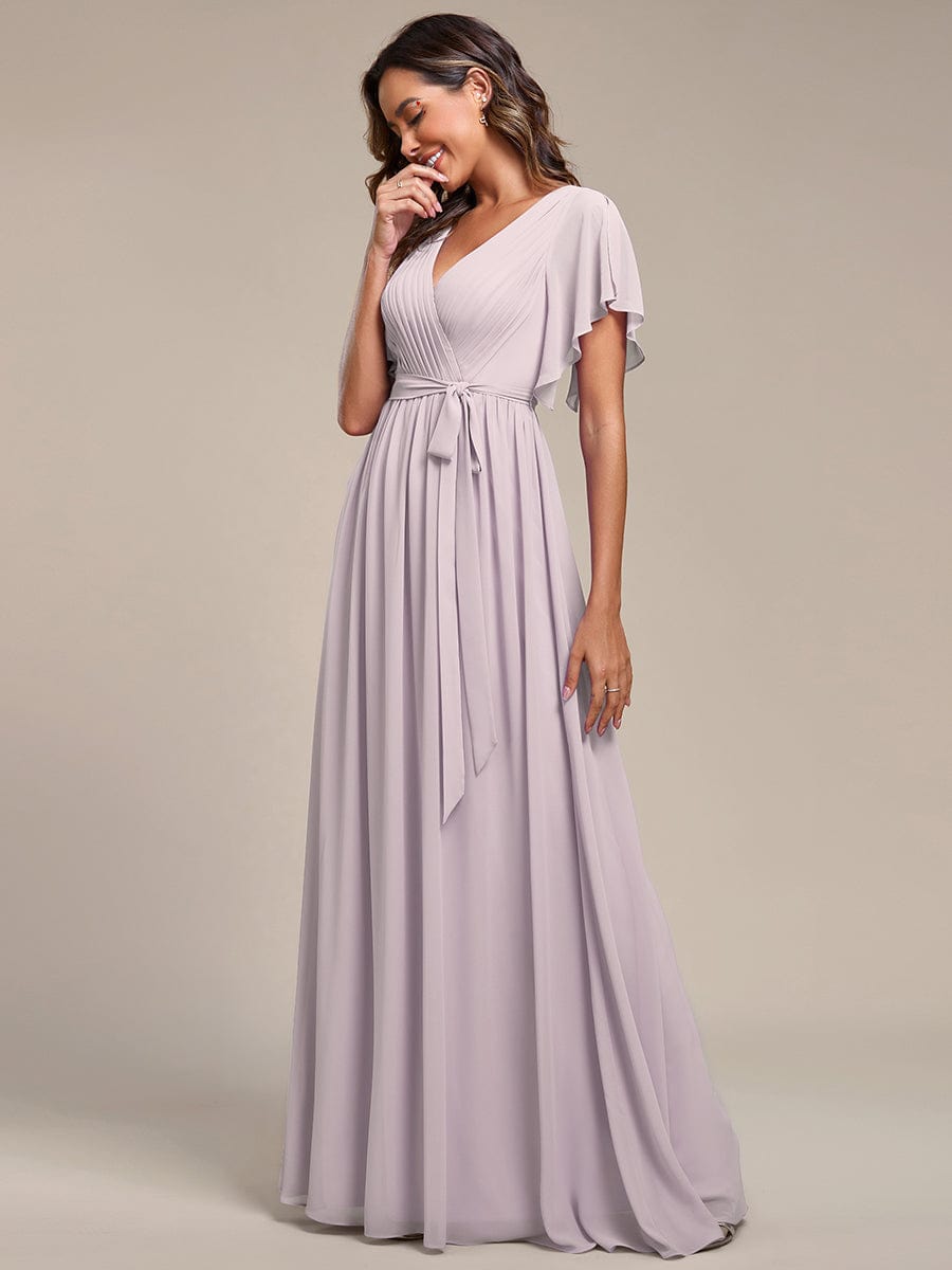 Custom Size V-Neck Flutter Sleeve Floor-Length A-Line Chiffon Evening Dress #color_Lilac