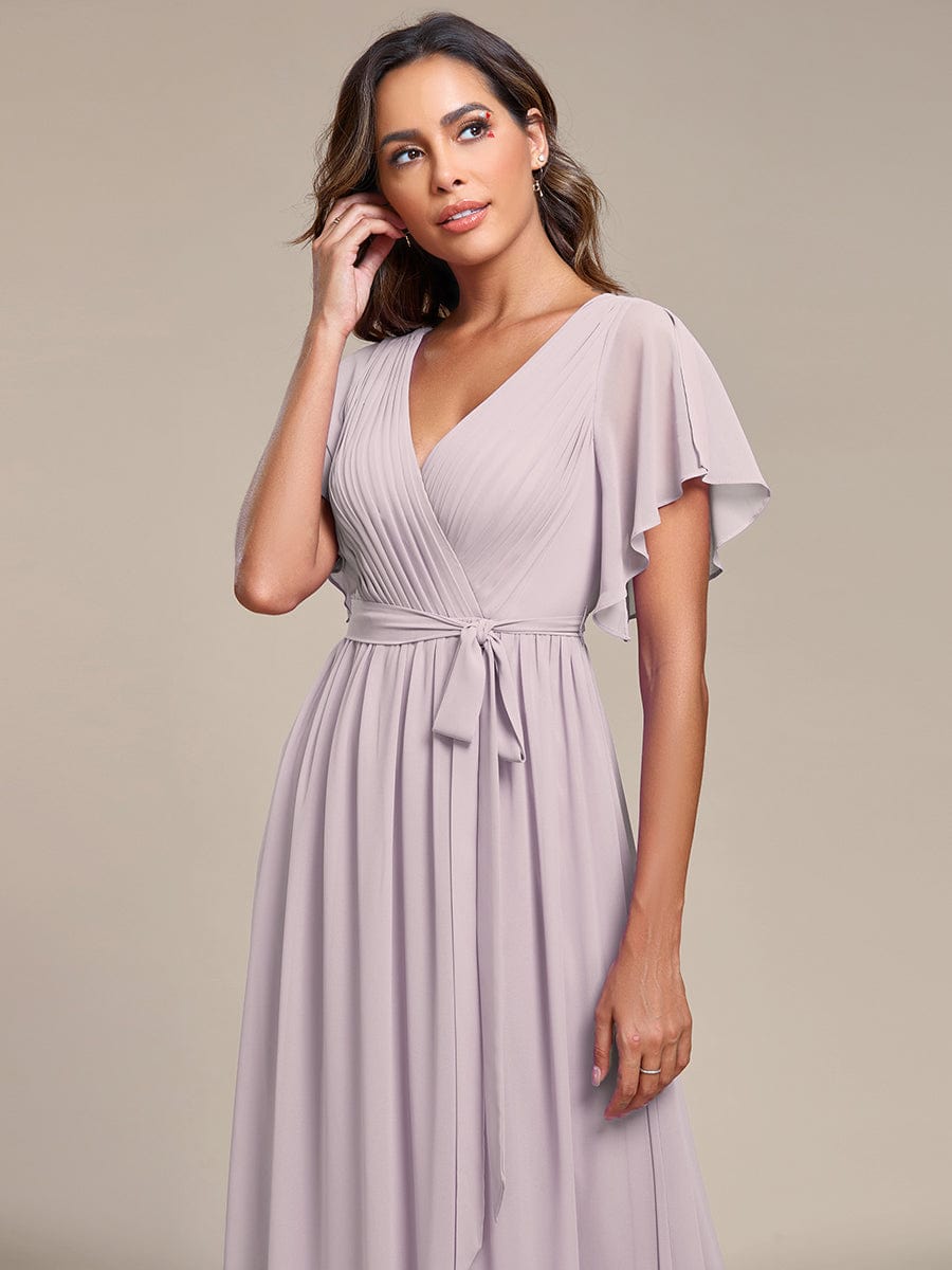 Custom Size V-Neck Flutter Sleeve Floor-Length A-Line Chiffon Evening Dress #color_Lilac