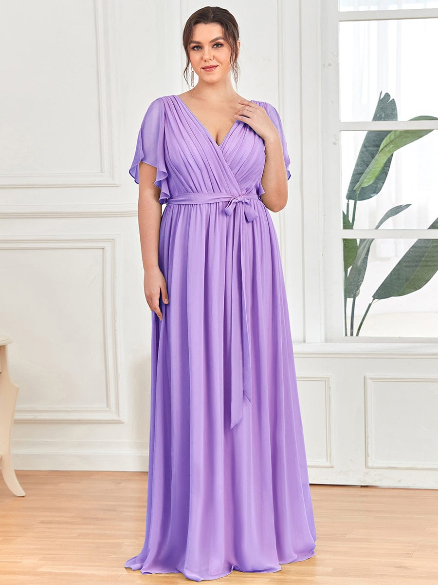 Plus Size Floor-Length Chiffon Evening Dress V-Neck Maxi #color_Lavender