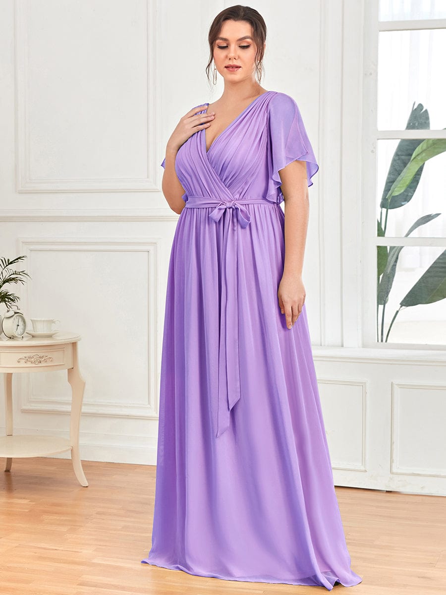 Plus Size Floor-Length Chiffon Evening Dress V-Neck Maxi #color_Lavender