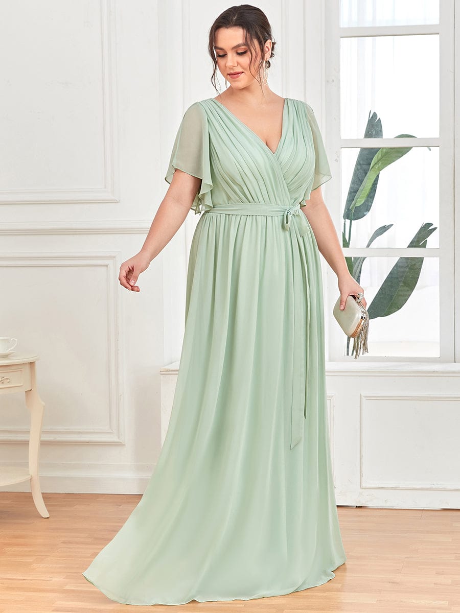 Plus Size Floor-Length Chiffon Evening Dress V-Neck Maxi #color_Mint Green