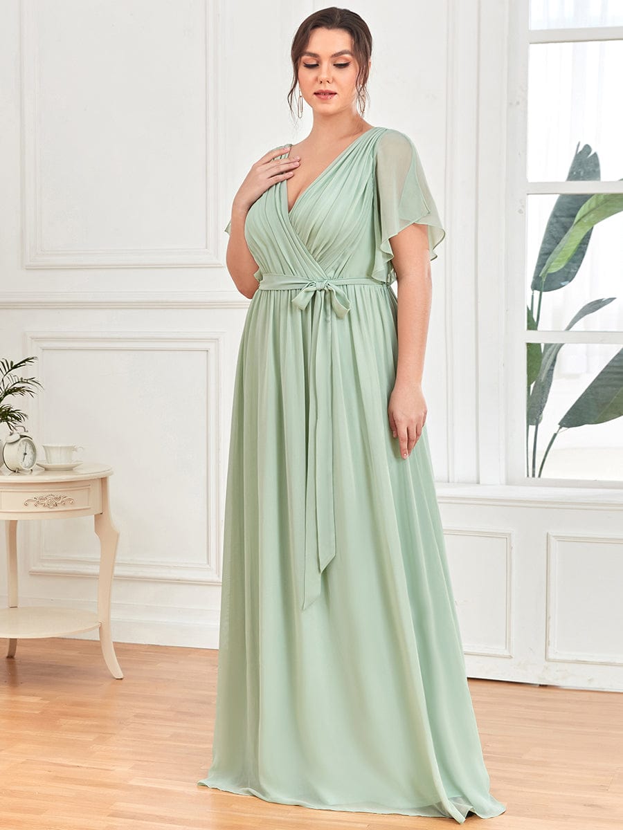 Plus Size Floor-Length Chiffon Evening Dress V-Neck Maxi #color_Mint Green