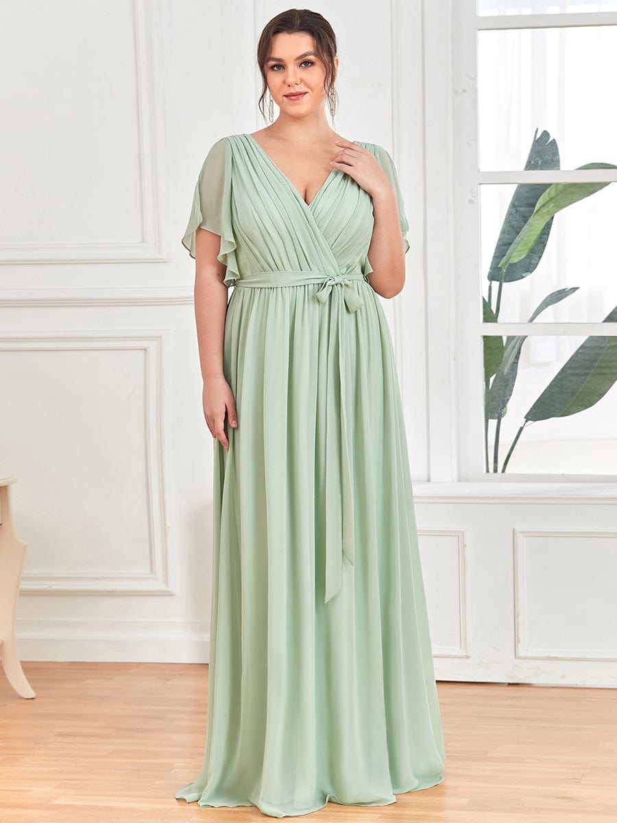 Plus Size Floor-Length Chiffon Evening Dress V-Neck Maxi #color_Mint Green