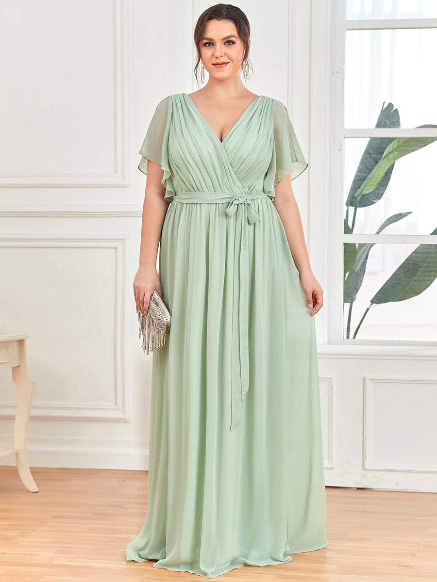 Custom Size V-Neck Flutter Sleeve Floor-Length A-Line Chiffon Evening Dress #color_Mint Green