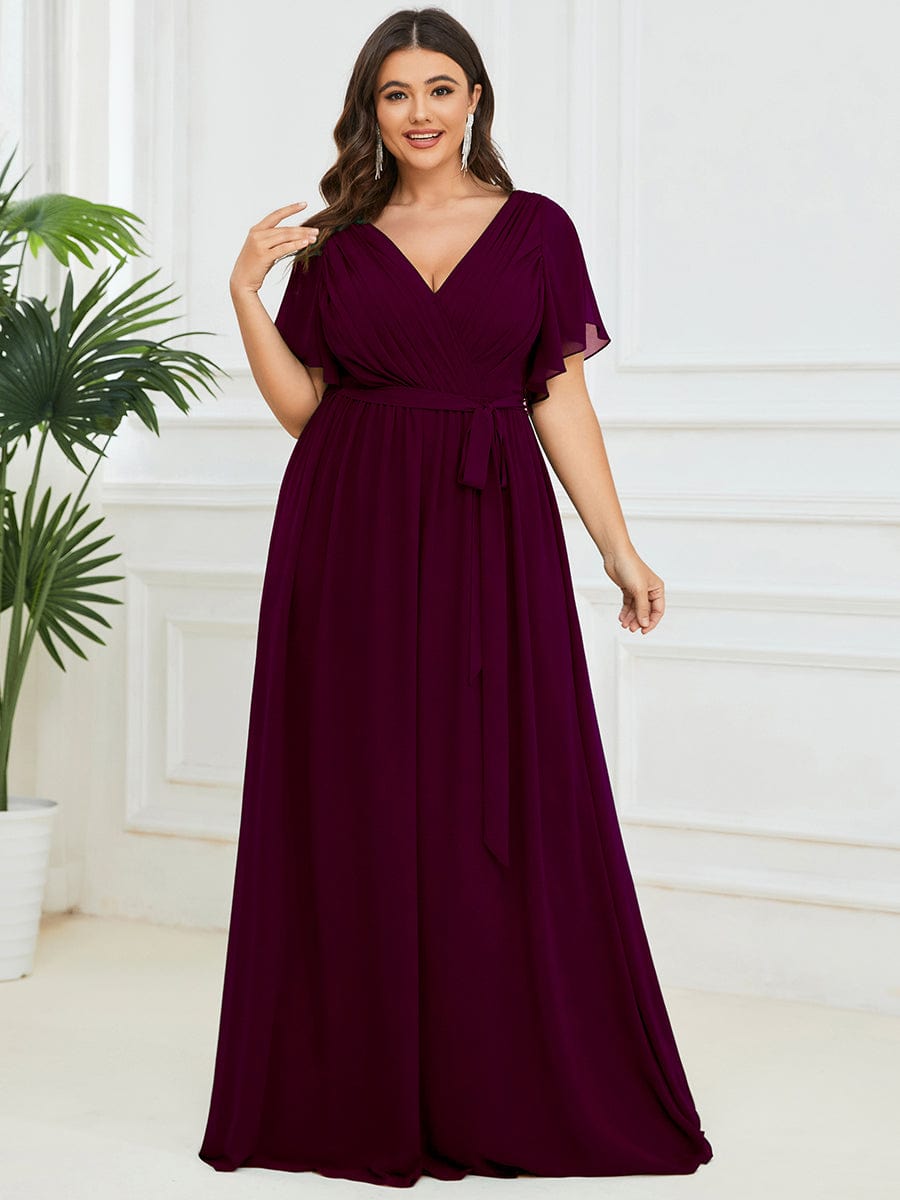 Custom Size V-Neck Flutter Sleeve Floor-Length A-Line Chiffon Evening Dress #color_Mulberry