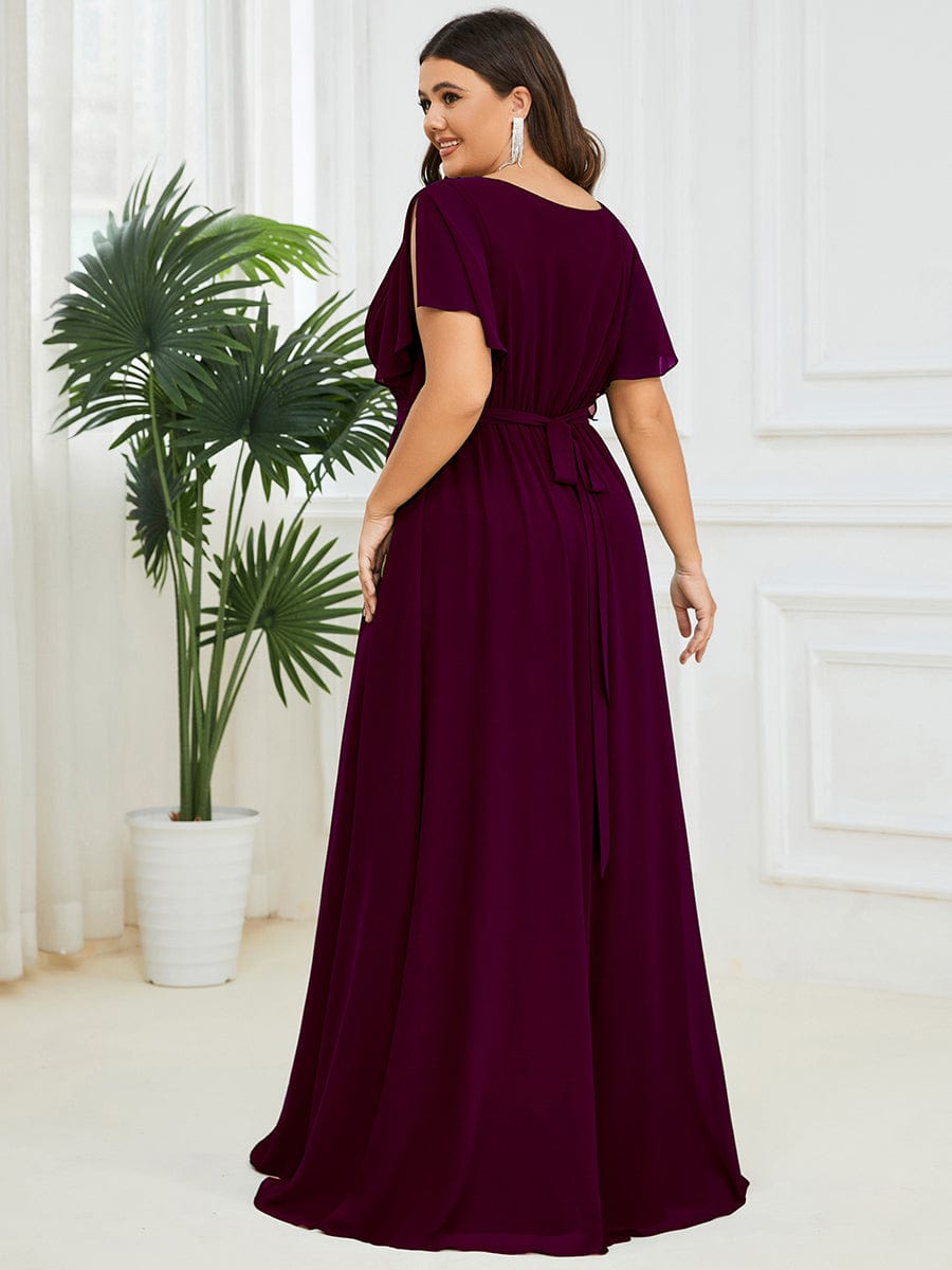 Custom Size V-Neck Flutter Sleeve Floor-Length A-Line Chiffon Evening Dress #color_Mulberry