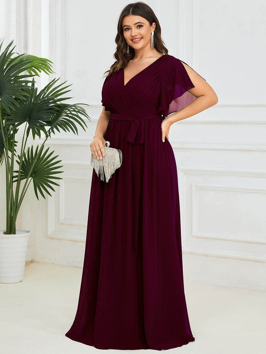 Custom Size V-Neck Flutter Sleeve Floor-Length A-Line Chiffon Evening Dress #color_Mulberry