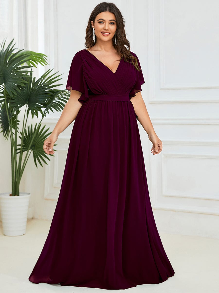 Custom Size V-Neck Flutter Sleeve Floor-Length A-Line Chiffon Evening Dress #color_Mulberry