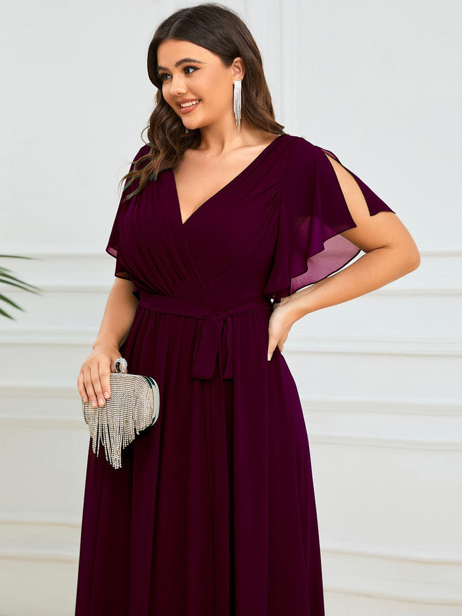 Custom Size V-Neck Flutter Sleeve Floor-Length A-Line Chiffon Evening Dress #color_Mulberry