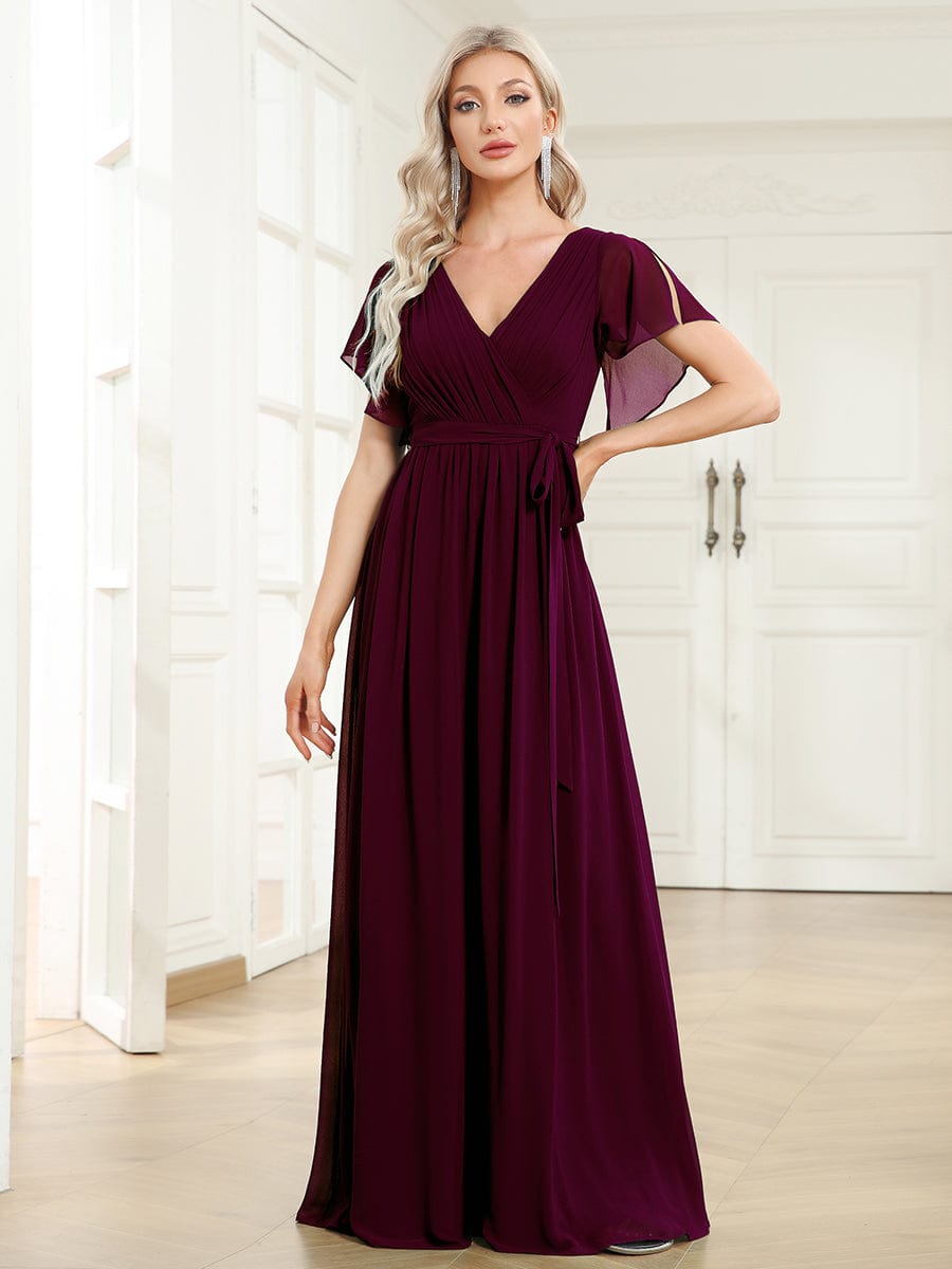 Custom Size V-Neck Flutter Sleeve Floor-Length A-Line Chiffon Evening Dress #color_Mulberry