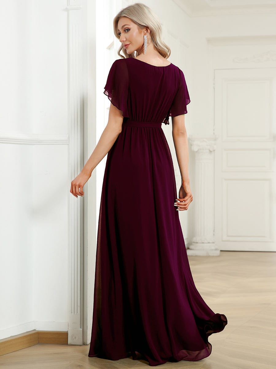 Custom Size V-Neck Flutter Sleeve Floor-Length A-Line Chiffon Evening Dress #color_Mulberry