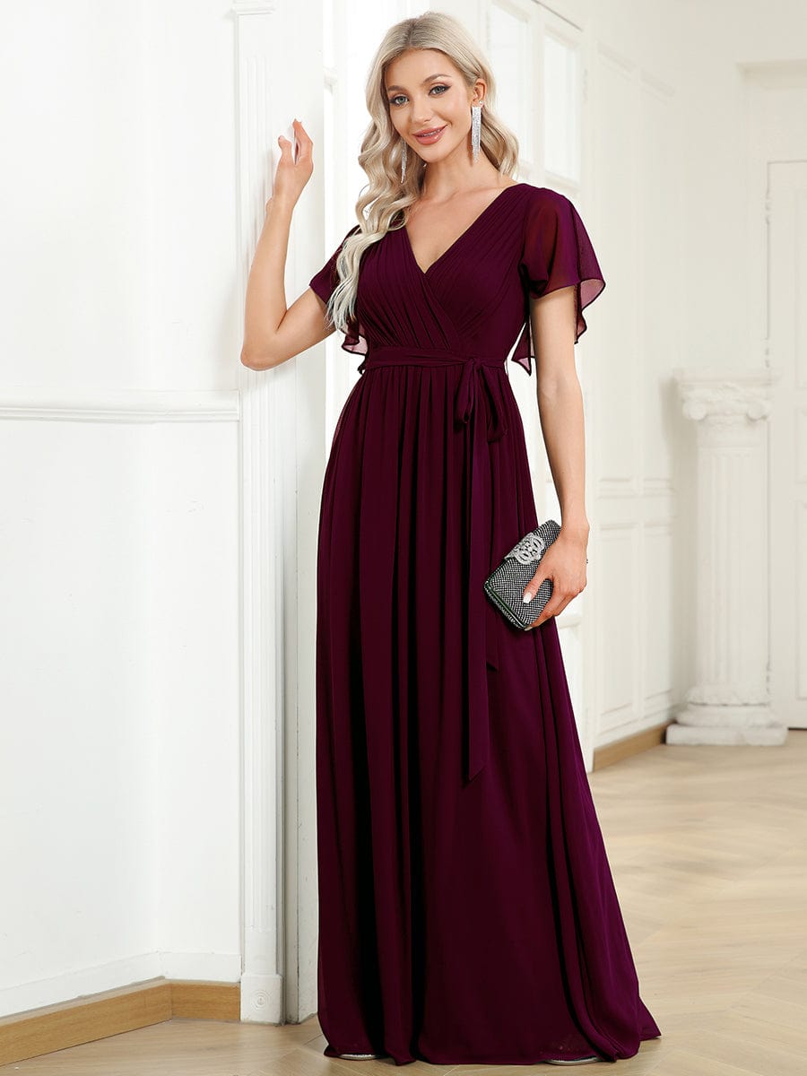 Custom Size V-Neck Flutter Sleeve Floor-Length A-Line Chiffon Evening Dress #color_Mulberry