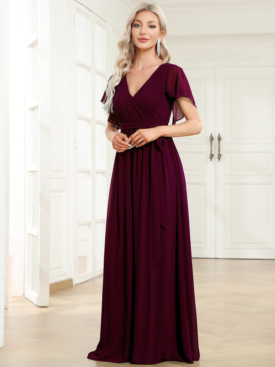 Custom Size V-Neck Flutter Sleeve Floor-Length A-Line Chiffon Evening Dress #color_Mulberry