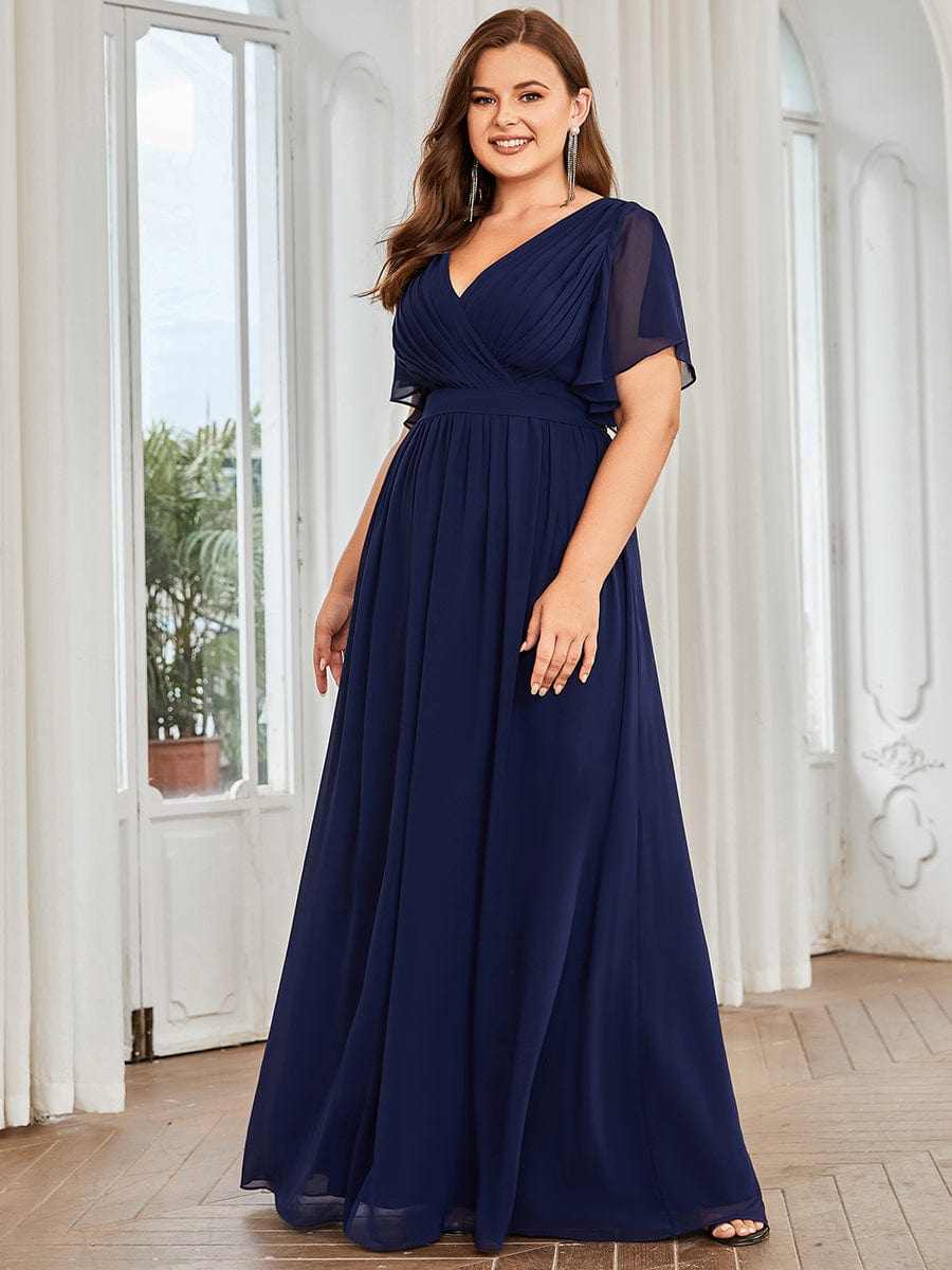 Plus Size Floor-Length Chiffon Evening Dress V-Neck Maxi #color_Navy Blue