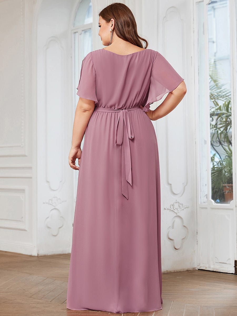 Custom Size V-Neck Flutter Sleeve Floor-Length A-Line Chiffon Evening Dress #color_Purple Orchid