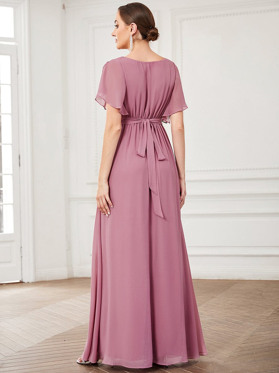 Custom Size V-Neck Flutter Sleeve Floor-Length A-Line Chiffon Evening Dress #color_Purple Orchid